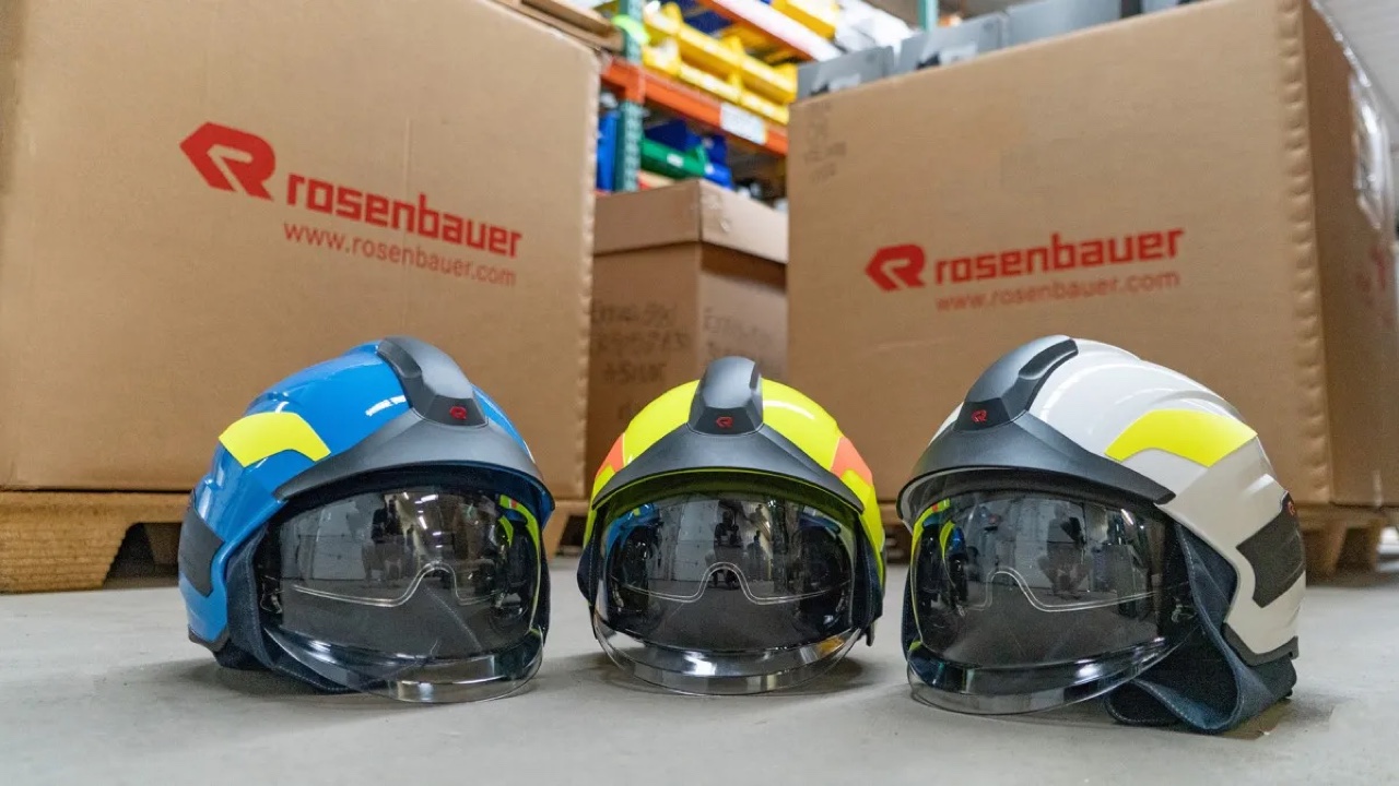 Rosenbauer HEROS Titan Pro firefighting helmets ready for shipment to Jamaica