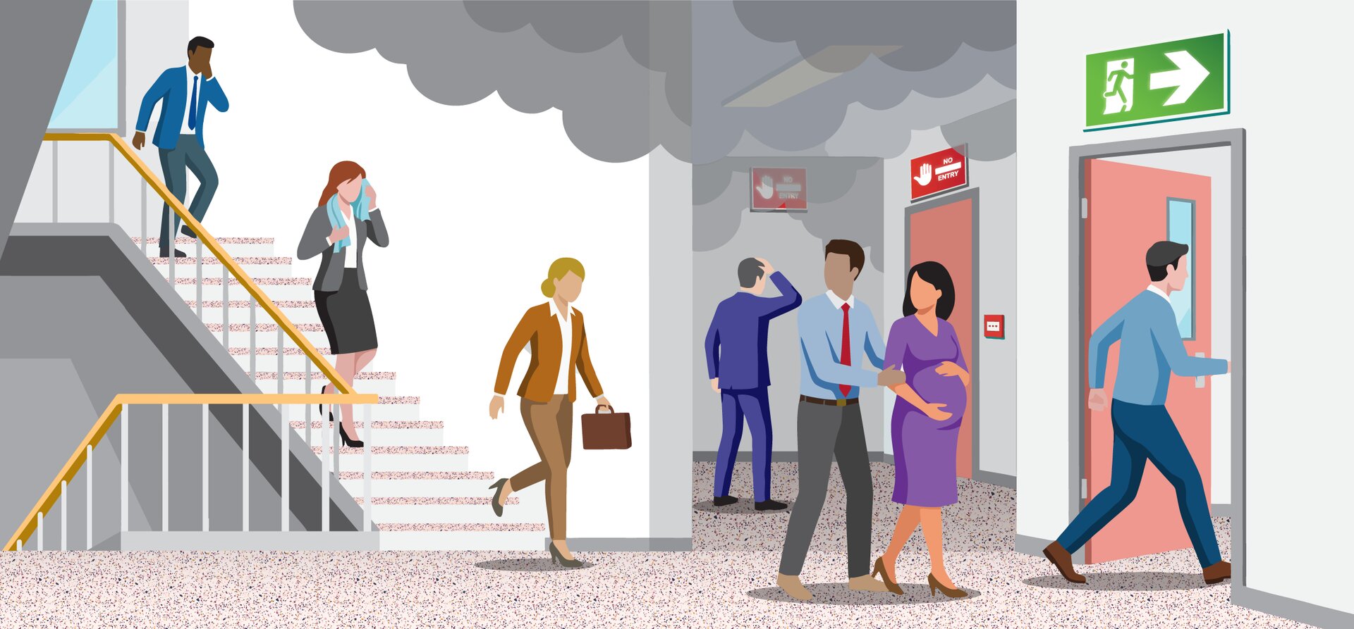 NIST illustration of dynamic emergency exit signs guiding building occupants during a fire