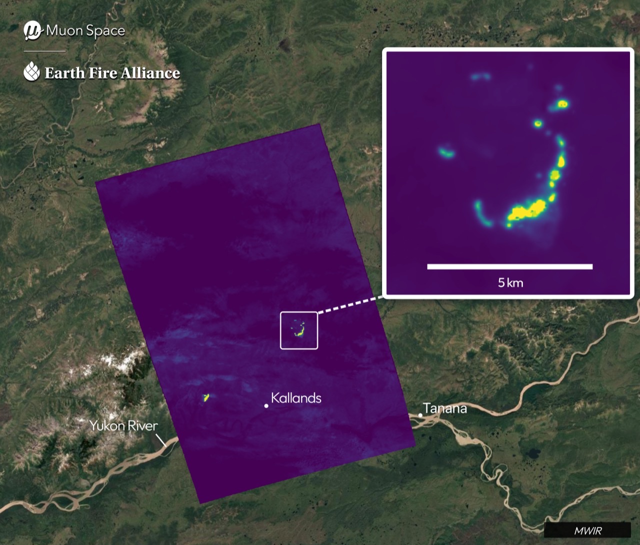 Muon Space thermal satellite imagery showing active wildfire hotspots along the Yukon River in Alaska