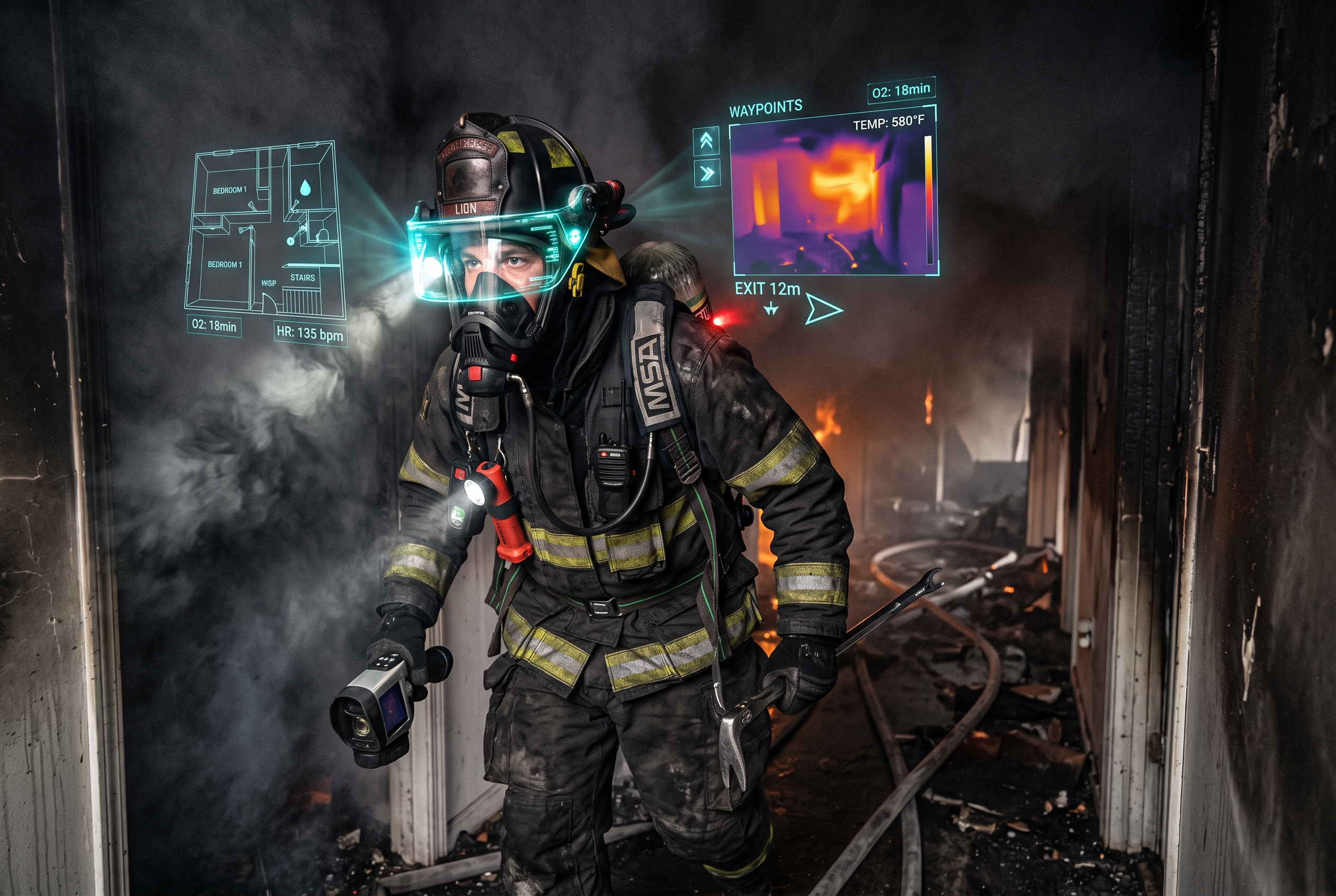 Firefighter wearing Qwake C-THRU augmented reality helmet navigating a smoke-filled structure