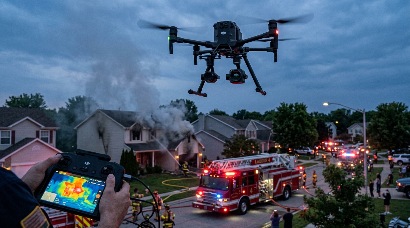 A thermal imaging drone hovering over a fire scene at dusk with a firefighter operating the controller