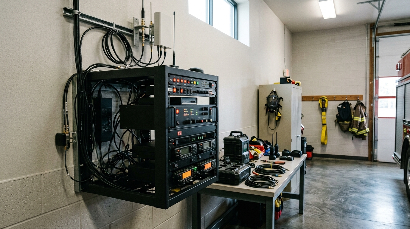 A wall-mounted fire station alerting equipment rack with radio receivers and indicator lights