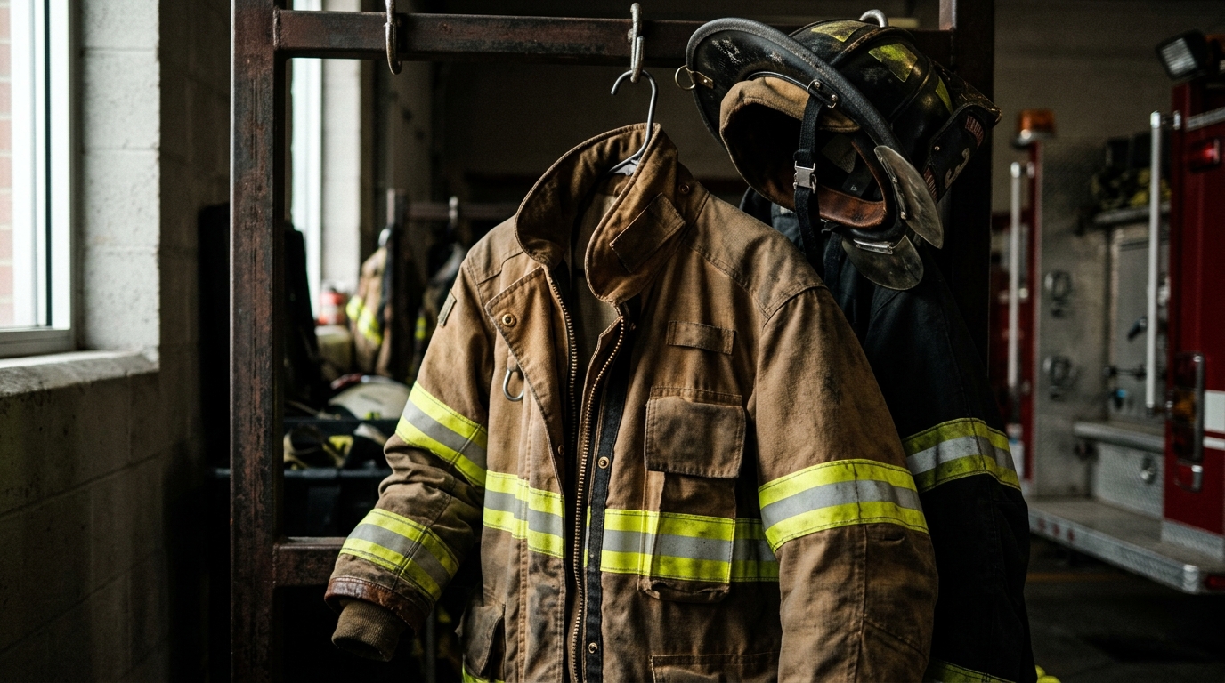 A worn firefighter turnout coat and helmet hanging on a station equipment rack