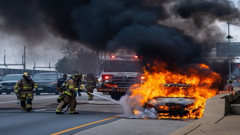 Firefighters in American helmets flowing a handline on a fully involved vehicle fire on a US highway