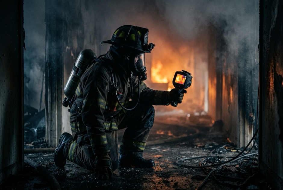 Firefighter in full SCBA searching a smoke-filled hallway with a handheld thermal locator
