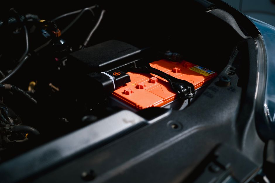 Close-up of electric car battery in engine compartment highlighting EV technology